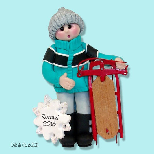Personalized Christmas Ornaments, Boy with Sled Personalized Ornament,Polymer Clay HANDMADE Ornament in Custom Gift Box