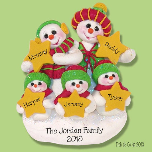 Personalized Christmas Ornaments - Snowman Family Ornament of 5 w/Stars - Handmade Polymer Clay Christmas Ornaments - Custom Ornaments