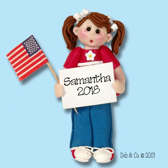 Personalized Christmas Ornaments, PATRIOTIC, Giggle Gang Little Girl, Personalized Ornaments,HANDMADE Polymer Clay in Custom Gift Box