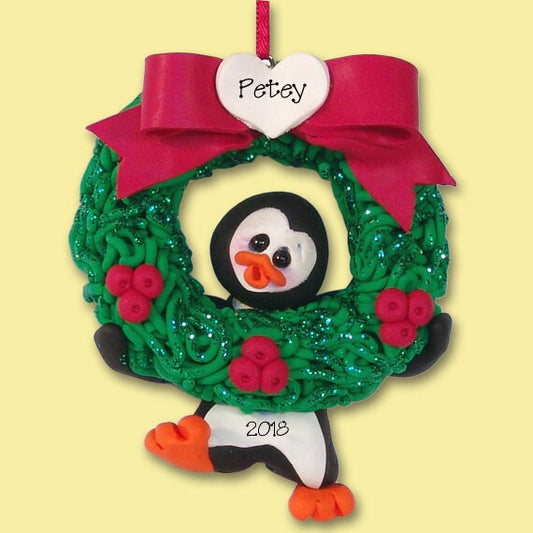 Personalized  Penguin Ornament,  Penguin with Wreath, Personalized Christmas Ornament, HANDMADE POLYMER Clay Ornament, Custom Ornaments