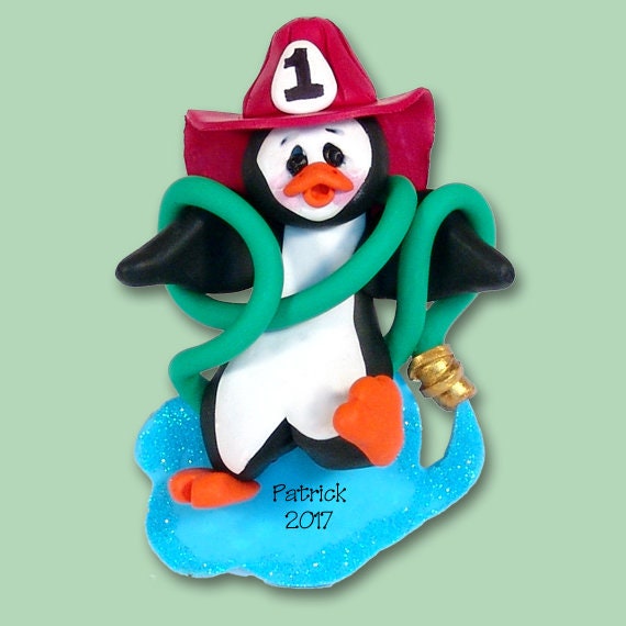 Personalized Christmas Ornaments - Personalized Fireman Ornament Petey Penguin HANDMADE POLYMER Clay Ornament - Custom Ornaments