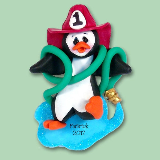 Personalized Christmas Ornaments - Personalized Fireman Ornament Petey Penguin HANDMADE POLYMER Clay Ornament - Custom Ornaments