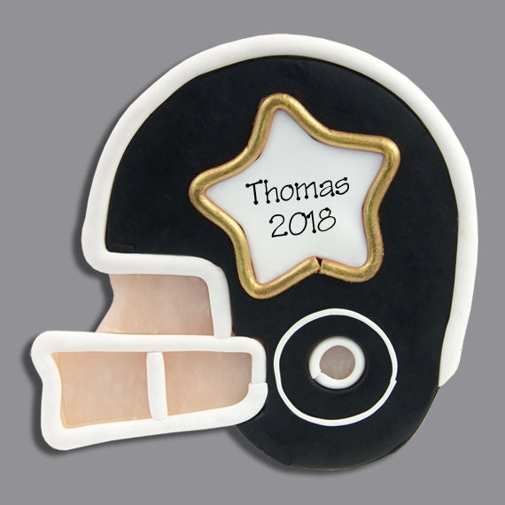 Black Football Helmet Personalized Christmas Ornament, Handmade POLYMER CLAY, Football Ornaments, Personalized Football Helmet Ornament