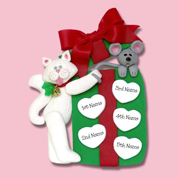 Cat & Gift Box Family Ornament of 5, Personalized Christmas Family Ornaments, Personalized Cat Ornament,HANDMADE Polymer Clay Ornaments