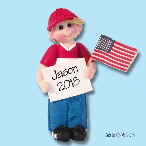 PATRIOTIC, Giggle Gang Little Boy, HANDMADE Polymer Clay, Personalized Patriotic Christmas Ornament in Custom Gift Box