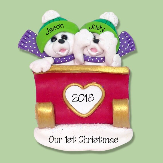 Personalized Couple Ornament, 2 Polar Bears in Sleigh, HANDMADE Polymer Clay, Personalized Christmas Ornament, Custom Ornaments