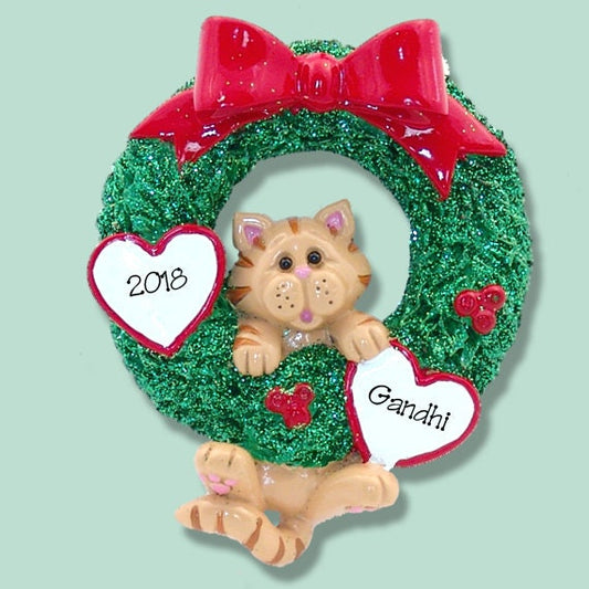 Orange Tabby Christmas KITTY CAT in Wreath Personalized Christmas Ornament / Personalized Cat Ornament