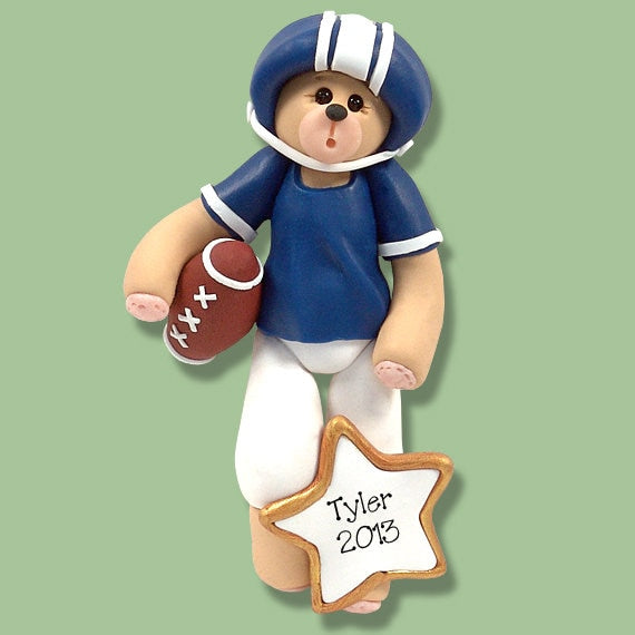 Personalized Football Ornament, Bear Personalized Ornament Handmade Polymer Clay, Football Player Ornament, Green Football Ornament