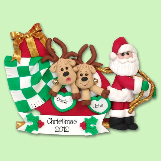 Santa & Reindeer Couple Family of 2 HANDMADE POLYMER CLAY Personalized Christmas Ornament
