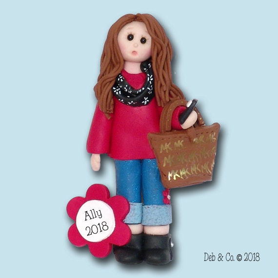 Girl with Cell Phone and MK Bag Personalized Christmas Ornament, HANDMADE Polymer Clay Ornament, Personalized Ornaments, Custom Ornaments