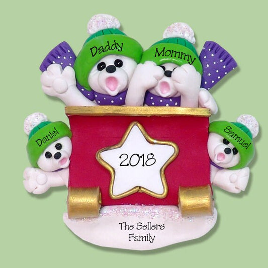 Personalized Family Ornament, Polar Bear Family of 4 in Sleigh, HANDMADE Polymer Clay, Personalized Christmas Ornament, Custom Ornaments
