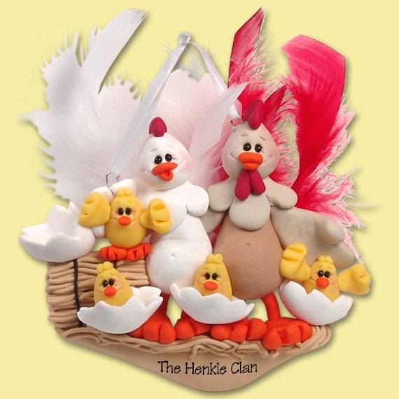 Half Baked Hens Family of 6 HANDMADE POLYMER CLAY Personalized Christmas Ornament