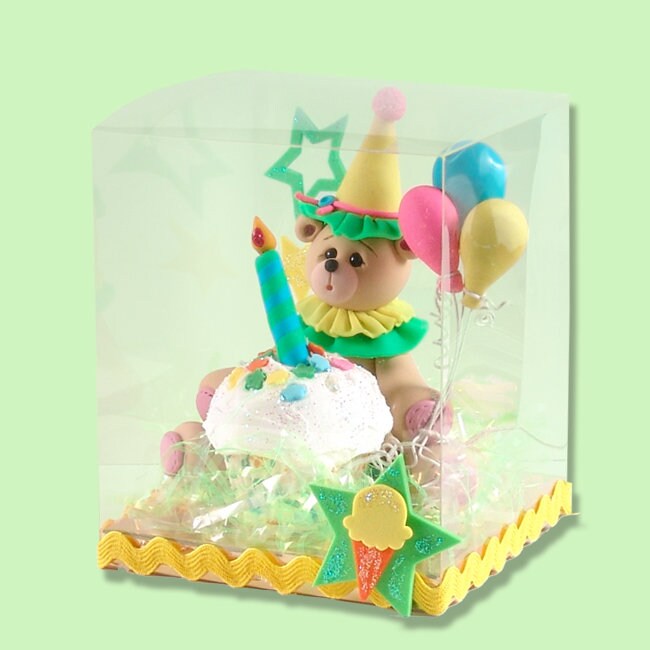 HANDMADE Polymer Clay BIRTHDAY BEAR Figurine in Custom Decorated Gift Box - Cake Topper - Limited Edition