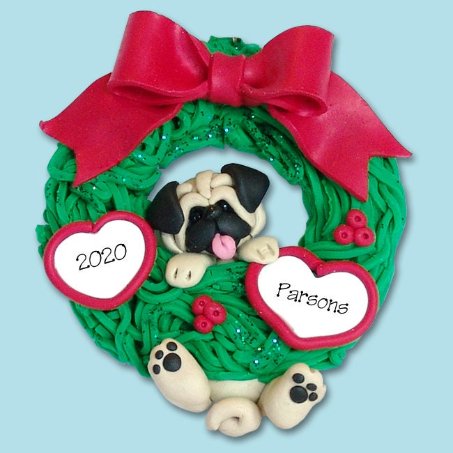 Pug PUPPY Hanging in Wreath Personalized Ornament, HANDMADE Polymer Clay Personalized Christmas Ornament