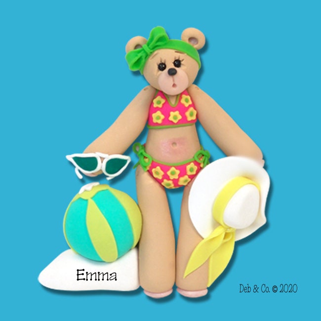 Personalized Christmas Ornaments - Personalized SUNBATHER Bear Ornament - Handmade Polymer Clay Ornament in Custom Gift Box