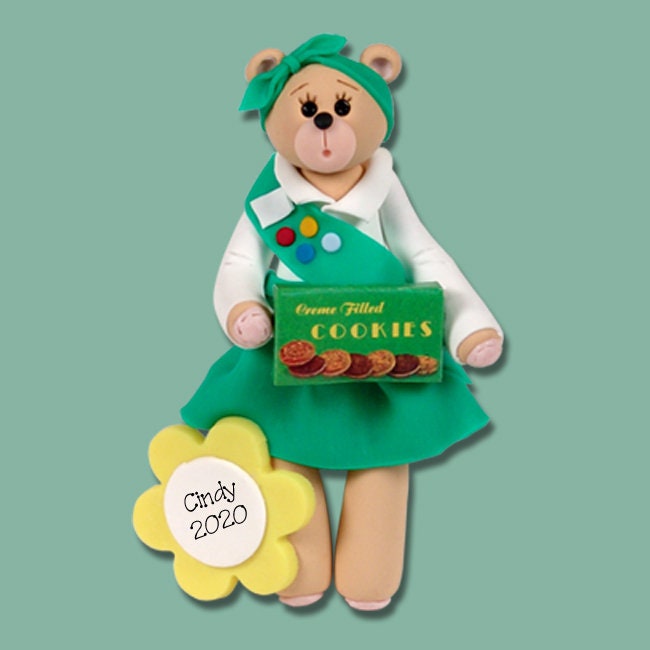 Girl Scout Belly Bear Ornament, Personalized Girl Scout Handmade Polymer Clay Christmas Ornament in Custom Gift Box