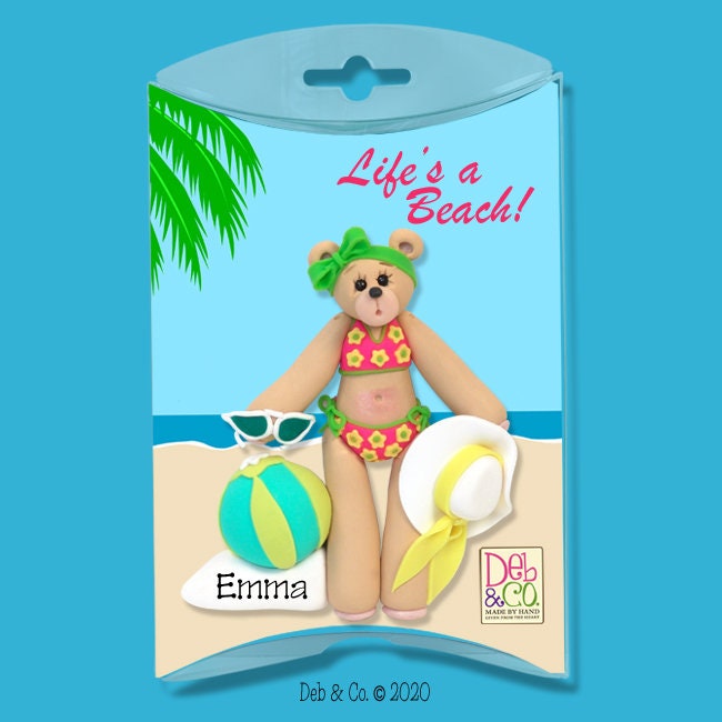 Personalized Christmas Ornaments - Personalized SUNBATHER Bear Ornament - Handmade Polymer Clay Ornament in Custom Gift Box