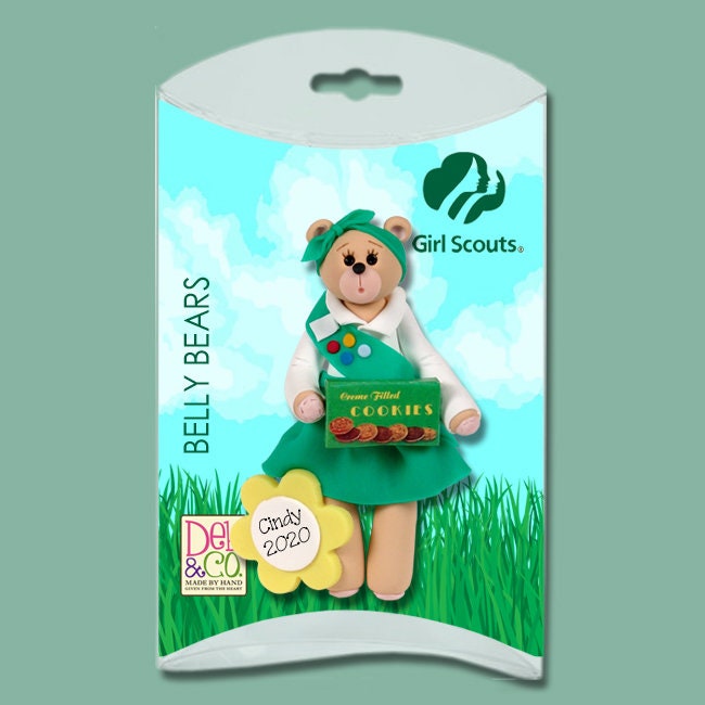 Girl Scout Belly Bear Ornament, Personalized Girl Scout Handmade Polymer Clay Christmas Ornament in Custom Gift Box