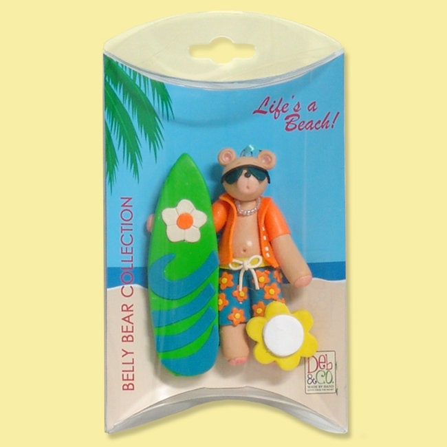 Personalized Christmas Ornaments, Belly Bear Surfer Ornament, HANDMADE Polymer Clay Surfing Ornament in Custom Gift Box