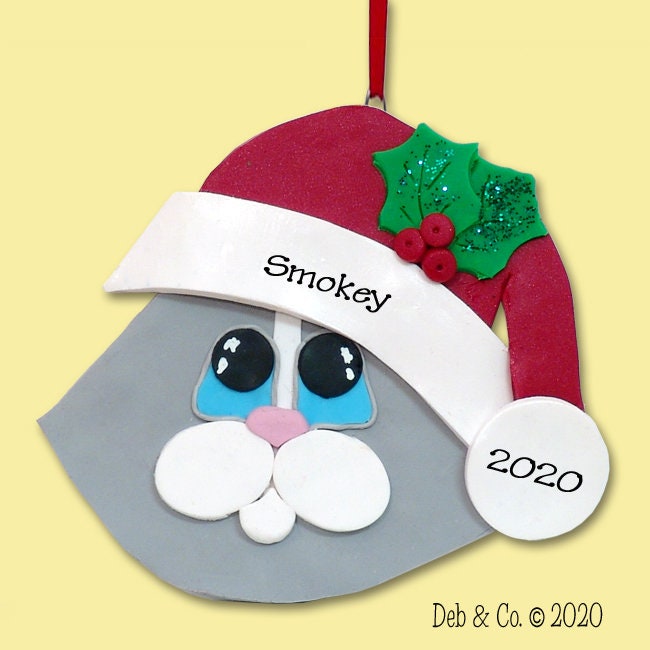 Gray KITTY CAT w/White Muzzle - HANDMADE Polymer Clay Personalized Christmas Ornament - Limited Edition