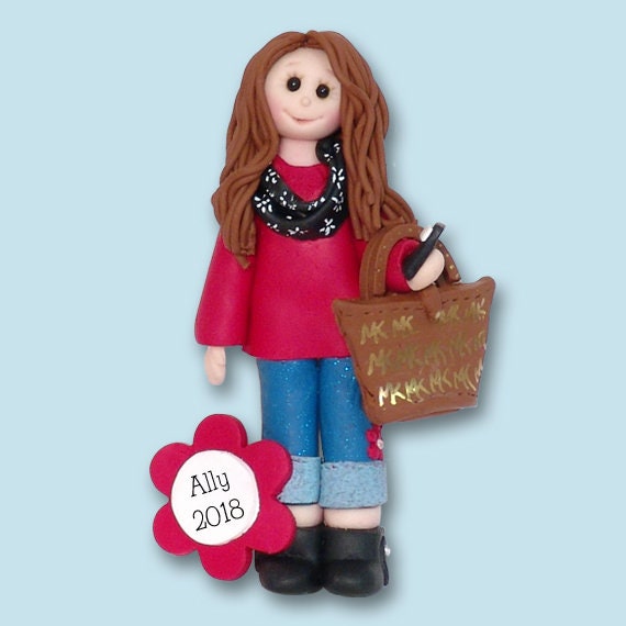 Girl with Cell Phone Handbag, Personalized Christmas Ornament, HANDMADE Polymer Clay Ornament