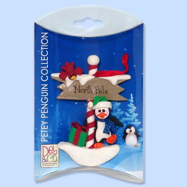 Petey Penguin at the NORTH POLE Handmade Polymer Clay Personalized Ornament in Custom Gift Box