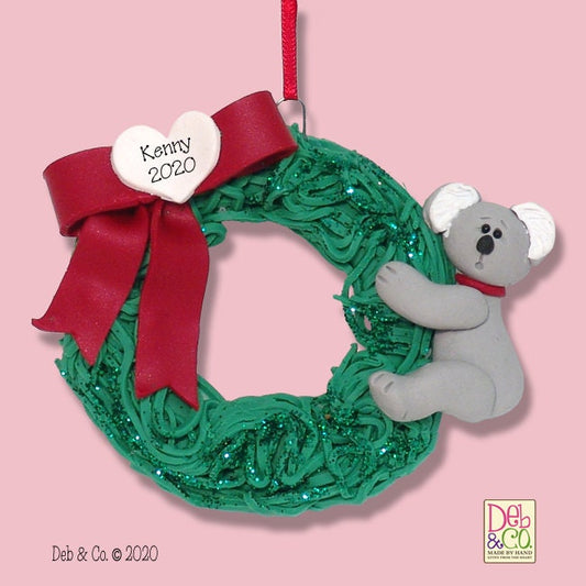 Koala Bear on Wreath Personlized Christmas Ornament -  Handmade  POLYMER Clay - Limited Edition