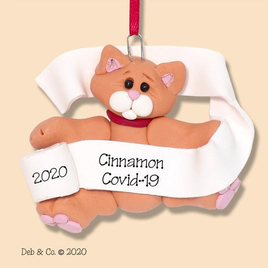 Orange Tabby  Covid-19 Kitty Cat w/Toilet Paper HANDMADE Polymer Clay Personalized Christmas Ornament SHIPS NOW!