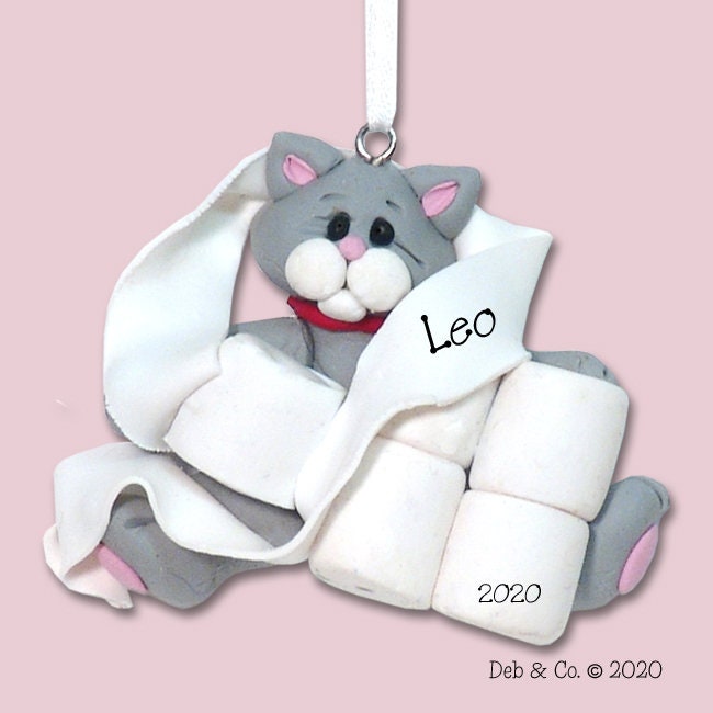 Gray Covid KITTY CAT w/White Muzzle Wrapped in Toilet Paper - HANDMADE Polymer Clay Personalized Christmas Ornament - Limited Edition