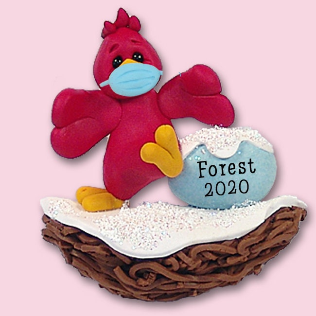 ROCKIN' ROBIN with Face Mask Handmade Polymer Clay Pandemic Corona Virus Quarantine Personalized Christmas Ornament
