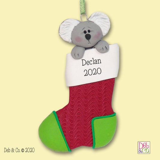 Koala Bear in Stocking Personlized Christmas Ornament -  Handmade  POLYMER Clay - Limited Edition