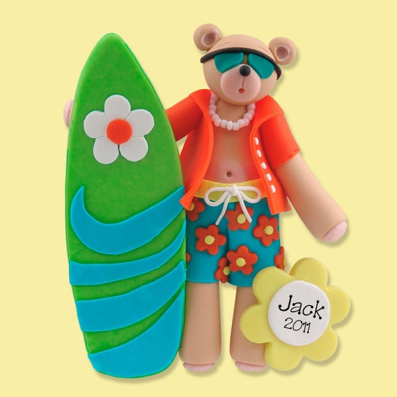 Personalized Christmas Ornaments, Belly Bear Surfer Ornament, HANDMADE Polymer Clay Surfing Ornament in Custom Gift Box