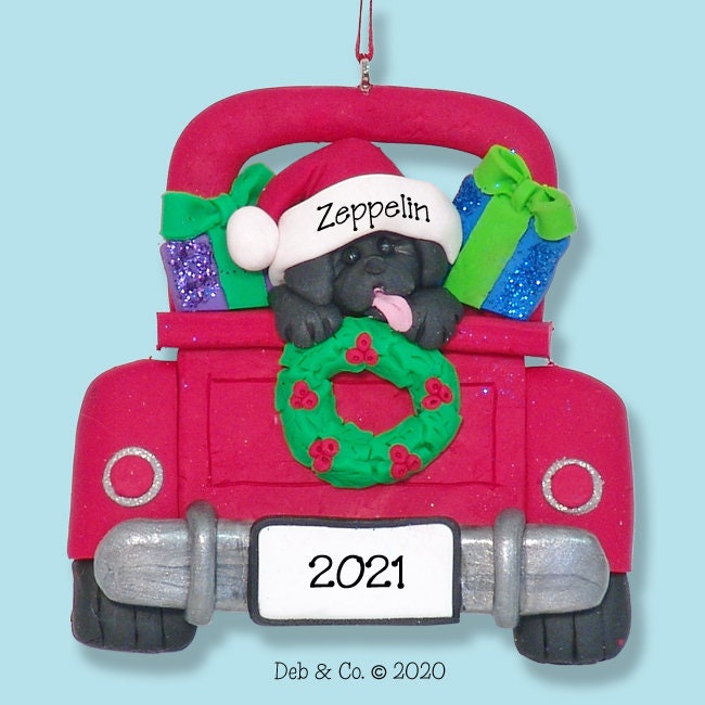 Black Lab in Red Pickup Truck labrador Retriever Personalized Dog Christmas Ornament - HANDMADE Polymer Clay - Custom Ornaments