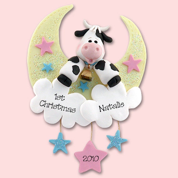 Babys First Christmas Personalized Ornaments, HANDMADE Polymer Clay Cow in Moon, Personalized Baby Ornaments