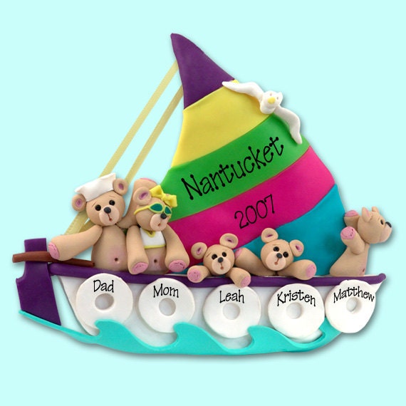 Belly Bear Family of 1 in Sailboat Polymer Clay Personalized Christmas Ornament