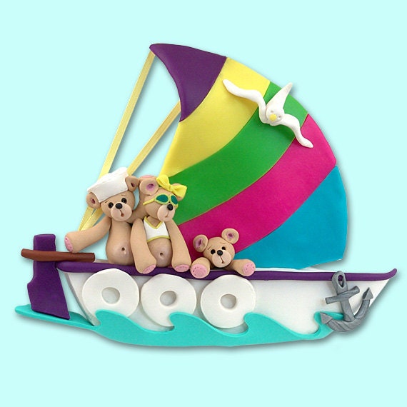 Belly Bear Family of 1 in Sailboat Polymer Clay Personalized Christmas Ornament