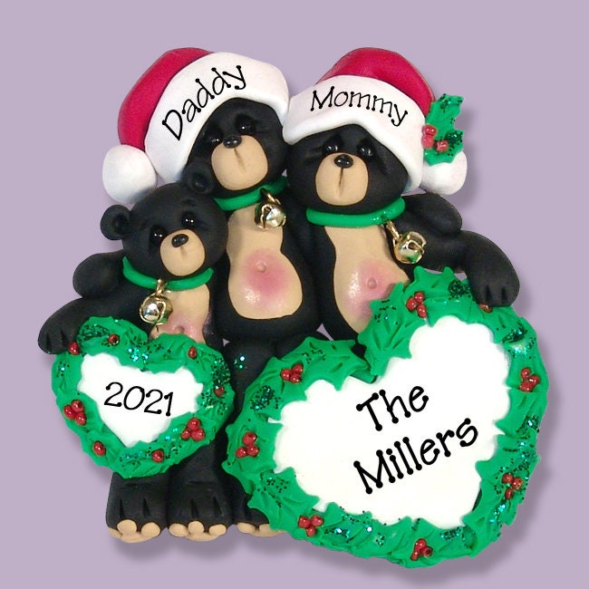 Black Bear Family of 3 with Hearts, HANDMADE POLYMER CLAY, Personalized Christmas Ornaments, Custom Ornaments #1
