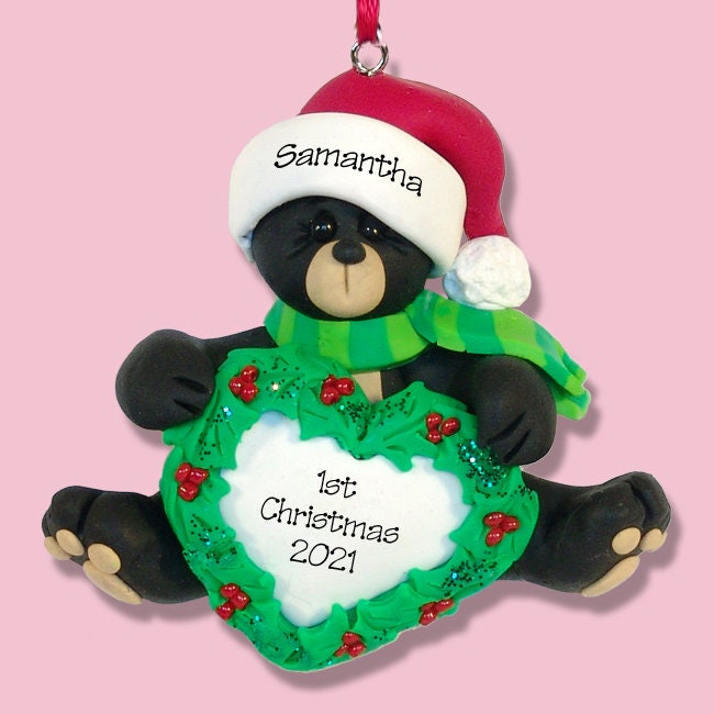 Personalized Sitting Black Bear with Heart Handmade Polymer Clay Christmas Ornament , First Christmas Gift Ornament