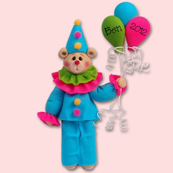 PERSONALIZED BEAR / CLOWN / Birthday / Personalized Ornament - Polymer Clay Ornament