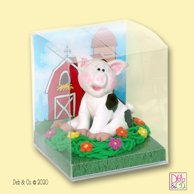 Handmade POLYMER Clay black and White Little Piggy Figurine in Custom Gift Box - Barnyard Friends