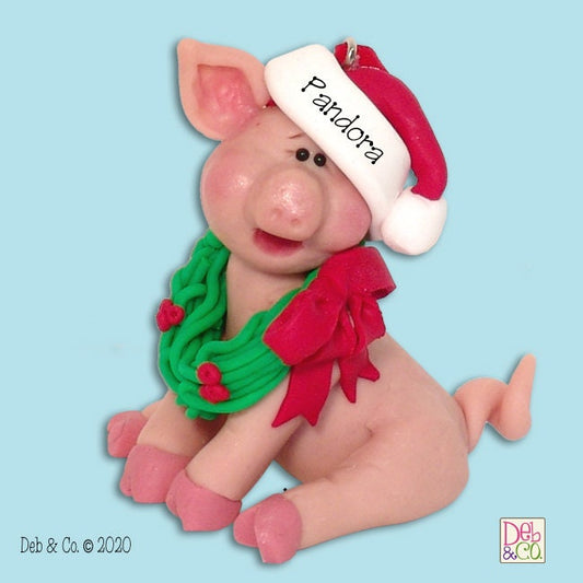 Handmade POLYMER Clay Personalized Christmas Piggy Figurine in Custom Gift Box - Barnyard Friends - Personalized Pig Ornament