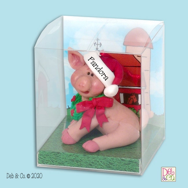 Handmade POLYMER Clay Personalized Christmas Piggy Figurine in Custom Gift Box - Barnyard Friends - Personalized Pig Ornament