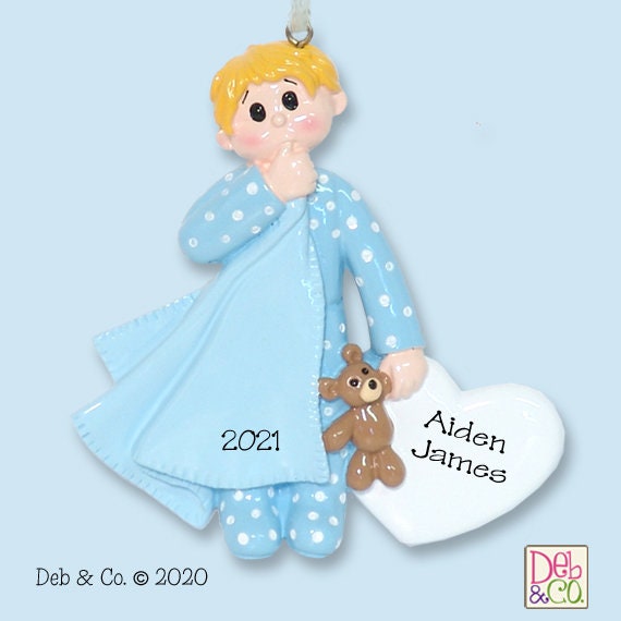 Little Boy Toddler with Blanket RESIN Personalized Christmas Ornament