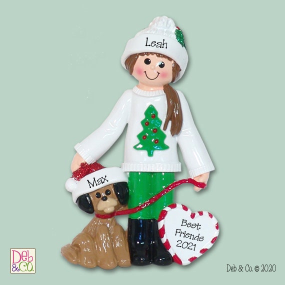 Girl in Christmas Sweater with Dog Personalized Christmas Ornament - RESIN