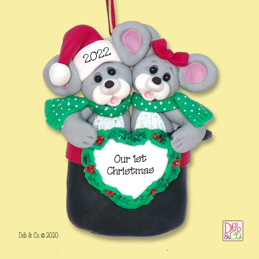 Mouse Couple in Hat HANDMADE POLYMER CLAY Personalized Couples Ornament-Limited Edition