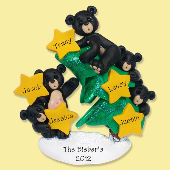 Black Bear Family of 5 on Christmas Tree HANDMADE POLYMER CLAY Personalized Christmas Ornament