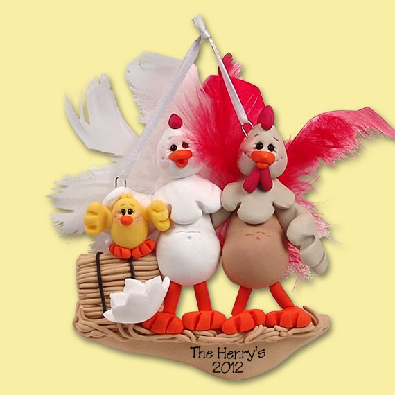 Half Baked Hens Family of 3 HANDMADE POLYMER CLAY Personalized Christmas Ornament