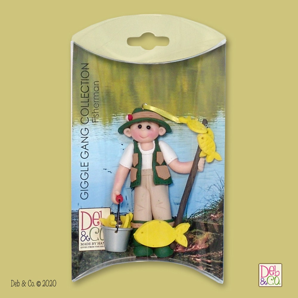 Giggle Gang Fisherman HANDMADE Polymer Clay Personalized Christmas Ornament in Custom Gift Box