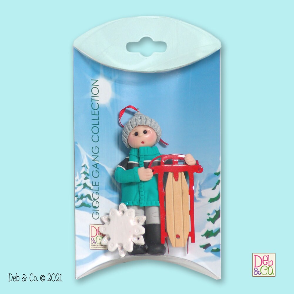 Personalized Christmas Ornaments, Boy with Sled Personalized Ornament,Polymer Clay HANDMADE Ornament in Custom Gift Box