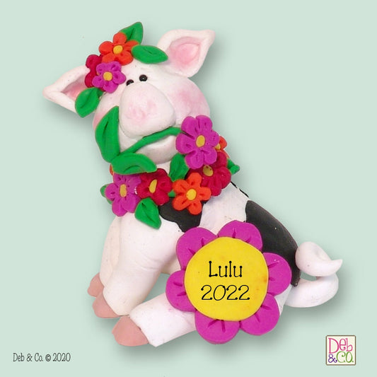 Handmade POLYMER Clay White Little Piggywith Flowers  Figurine in Custom Gift Box - Barnyard Friends